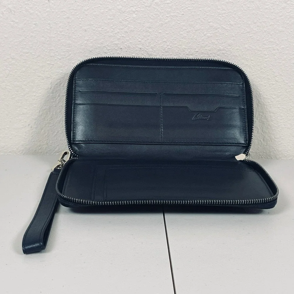 Brioni Blue‎ Saffiano Leather Double Zip Wallet Wristlet Italy Luxury Organizer